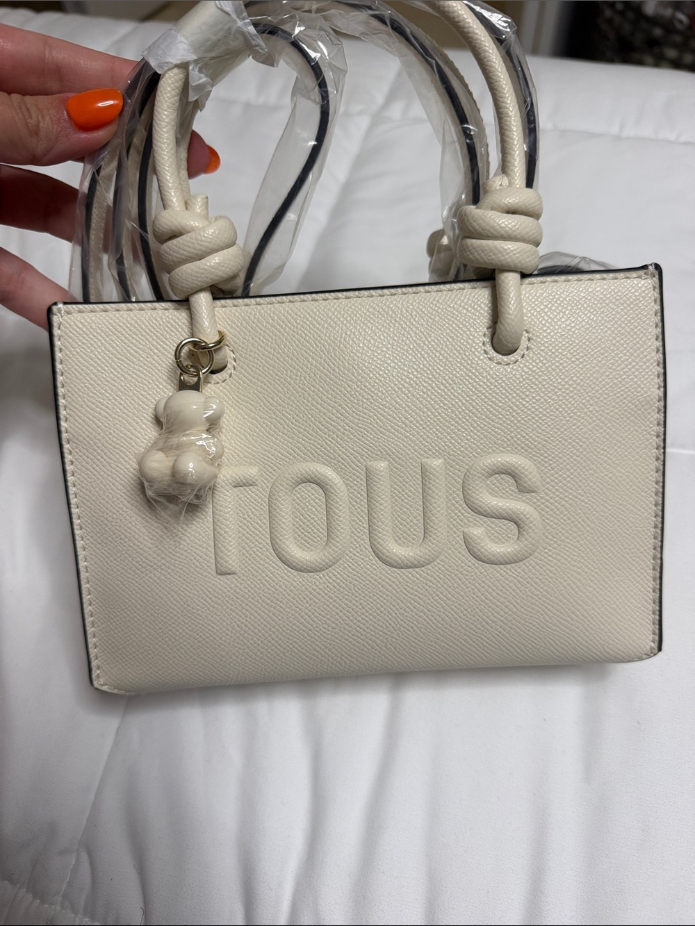 TOUS Cream Saffiano Leather Mini Tote with Bear Charm